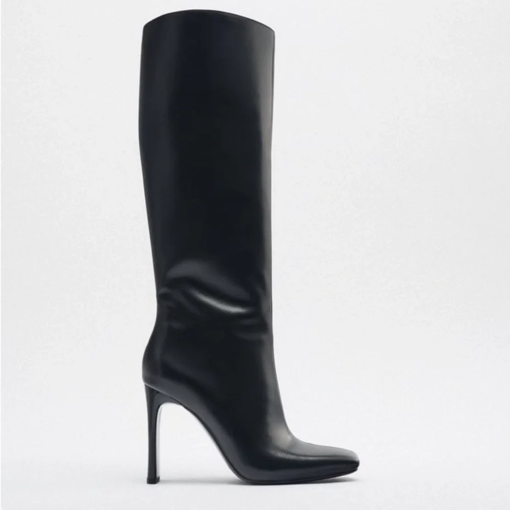 Zara NWOT Black square toe knee high boots premium faux leather heeled boots - Picture 8 of 15